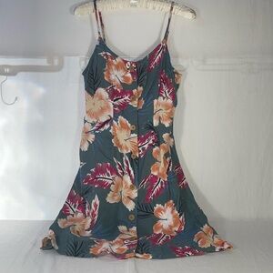 ROXY Tropical Print Dress Button Up Sundress Floral Hibiscus Beachy Summer
